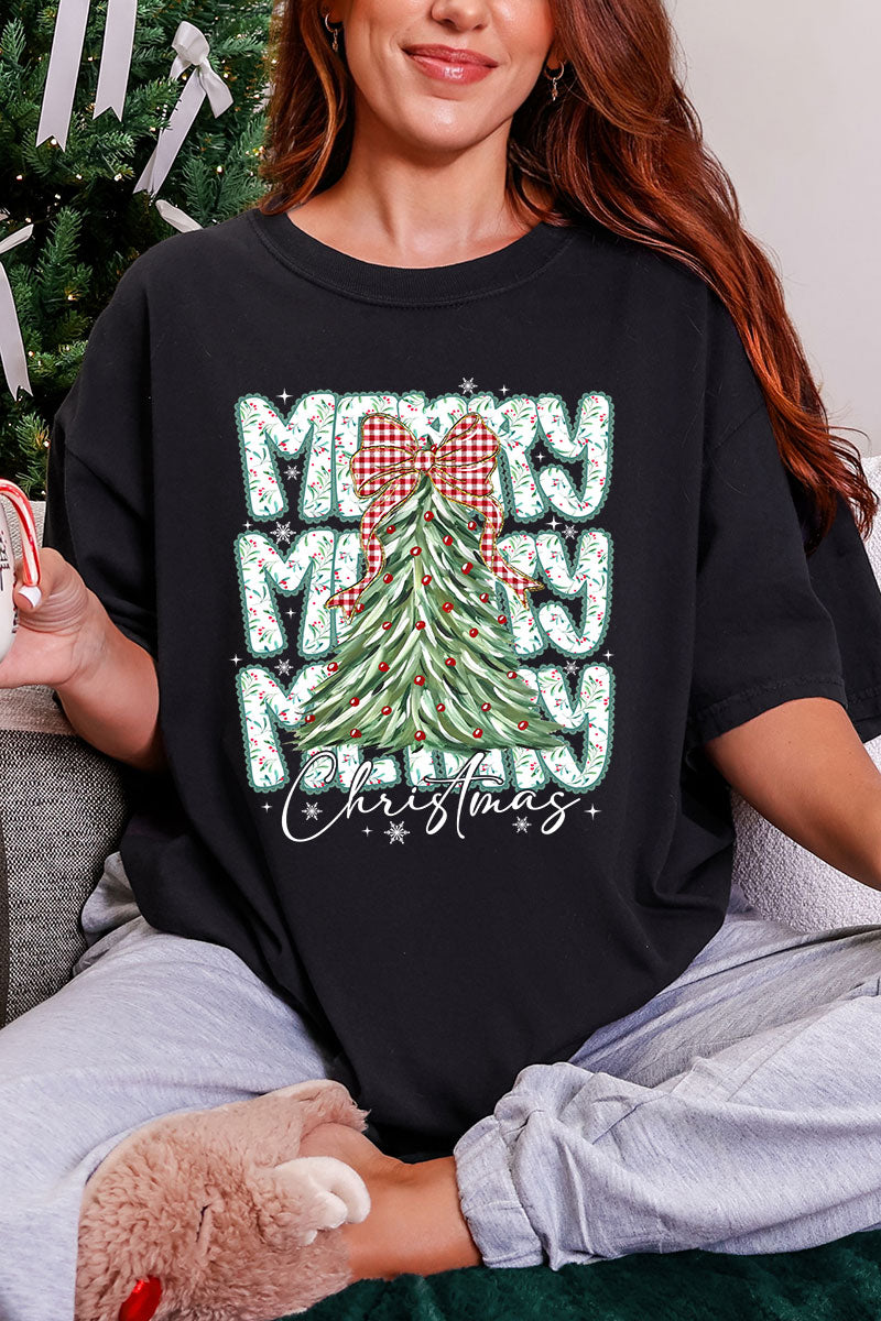 Stacked Holly Merry Christmas Tree Comfort Colors Adult Ring-Spun Cotton Tee