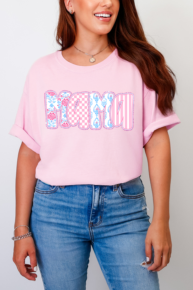 Preppy Pink And Blue Mama Comfort Colors Adult Ring-Spun Cotton Tee