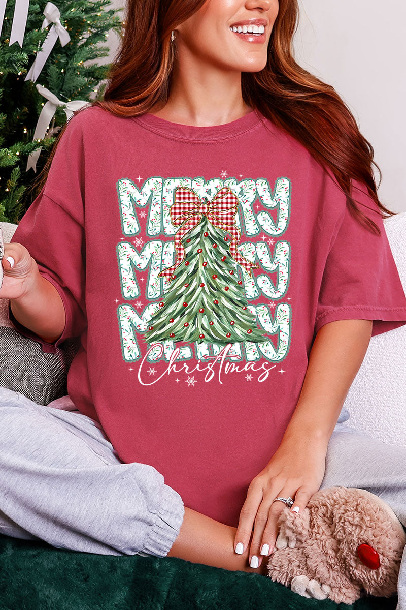 Stacked Holly Merry Christmas Tree Comfort Colors Adult Ring-Spun Cotton Tee