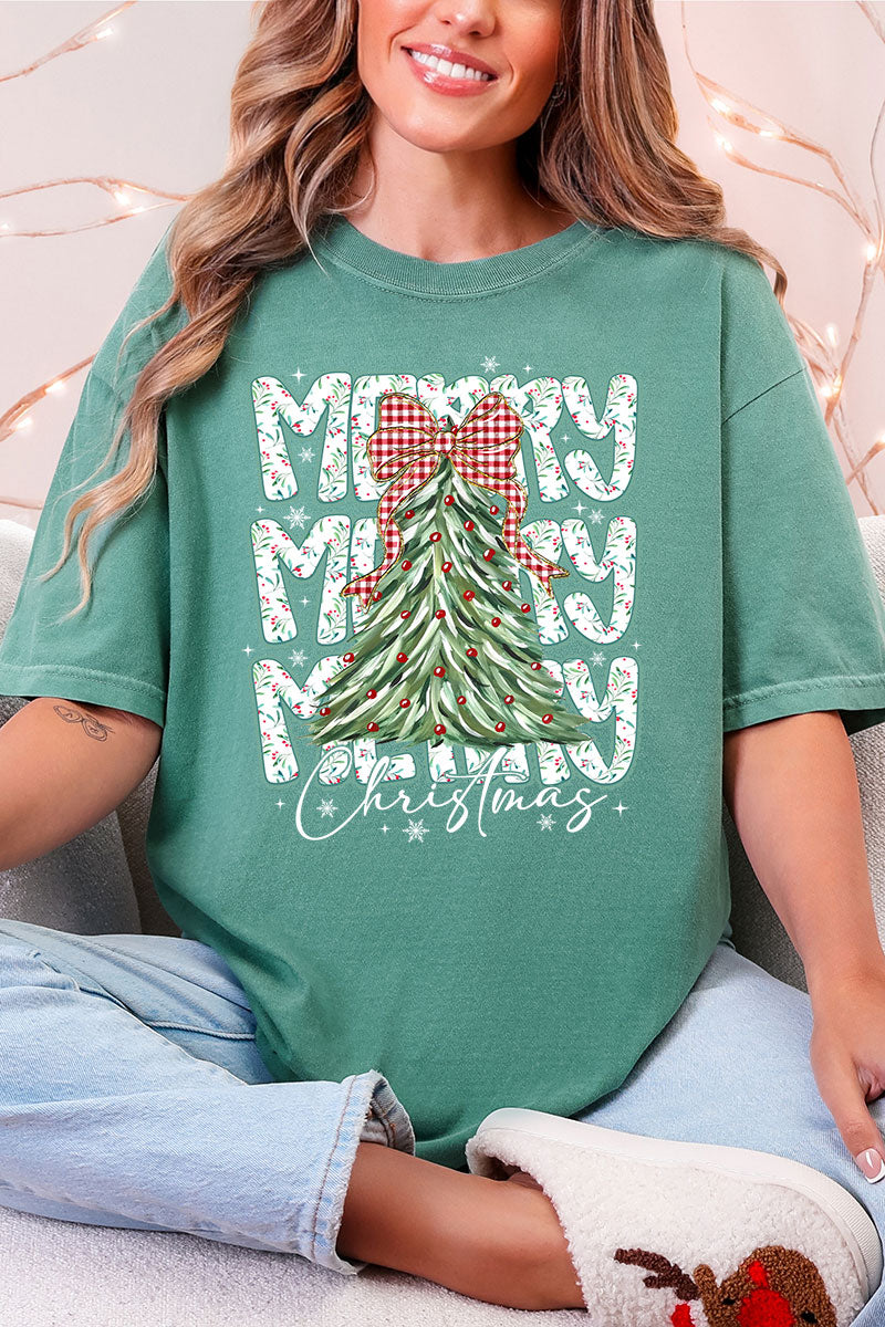 Stacked Holly Merry Christmas Tree Comfort Colors Adult Ring-Spun Cotton Tee
