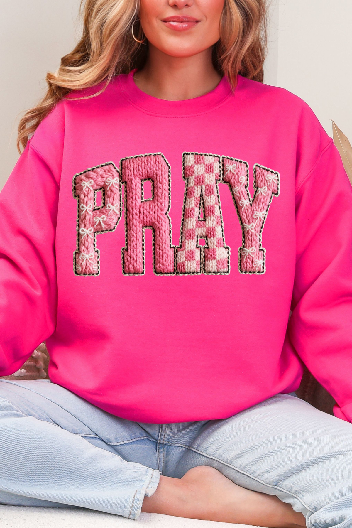 Pink Faux Yarn Coquette Pray Heavy Blend Crew Sweatshirt product image 4