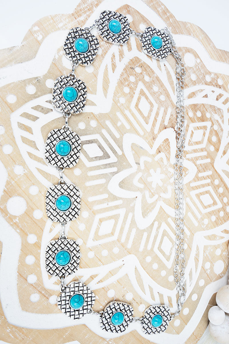 Turquoise Moon Over Mesa Silvertone Belt
