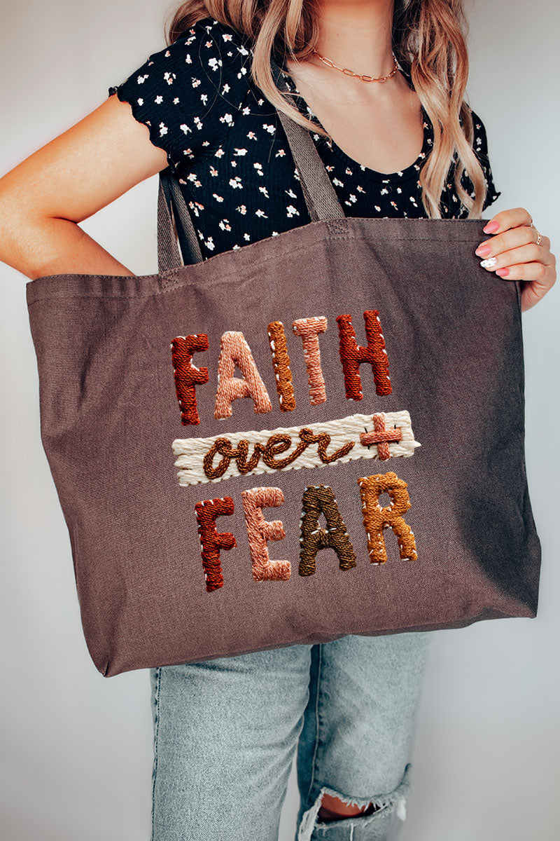 Faux Yarn Faith Over Fear Canvas Jumbo Tote