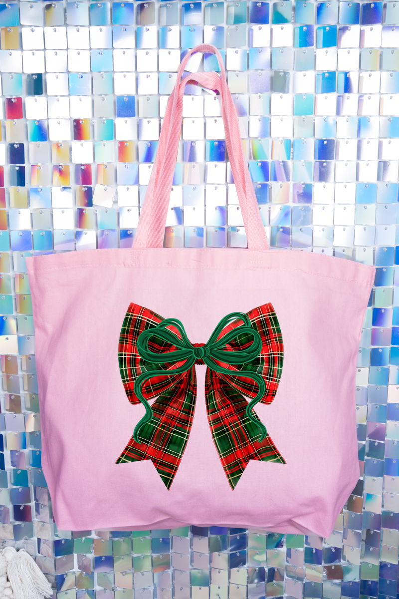 Festive Christmas Plaid Coquette Canvas Jumbo Tote