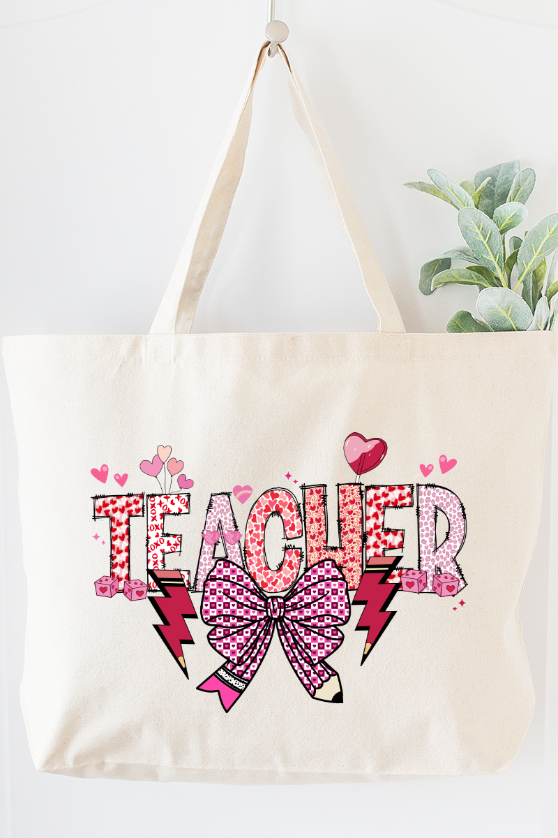 Bow Teacher Doodle Canvas Jumbo Tote