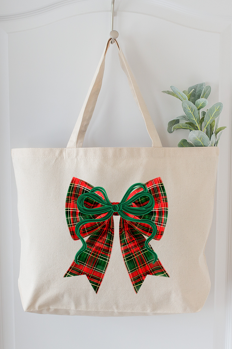 Festive Christmas Plaid Coquette Canvas Jumbo Tote