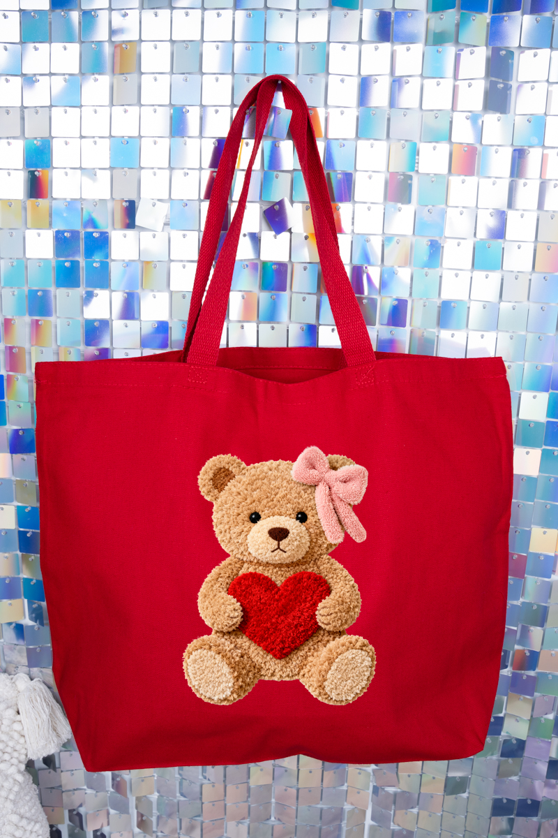 Cozy Heart Cub Faux Yarn Canvas Jumbo Tote
