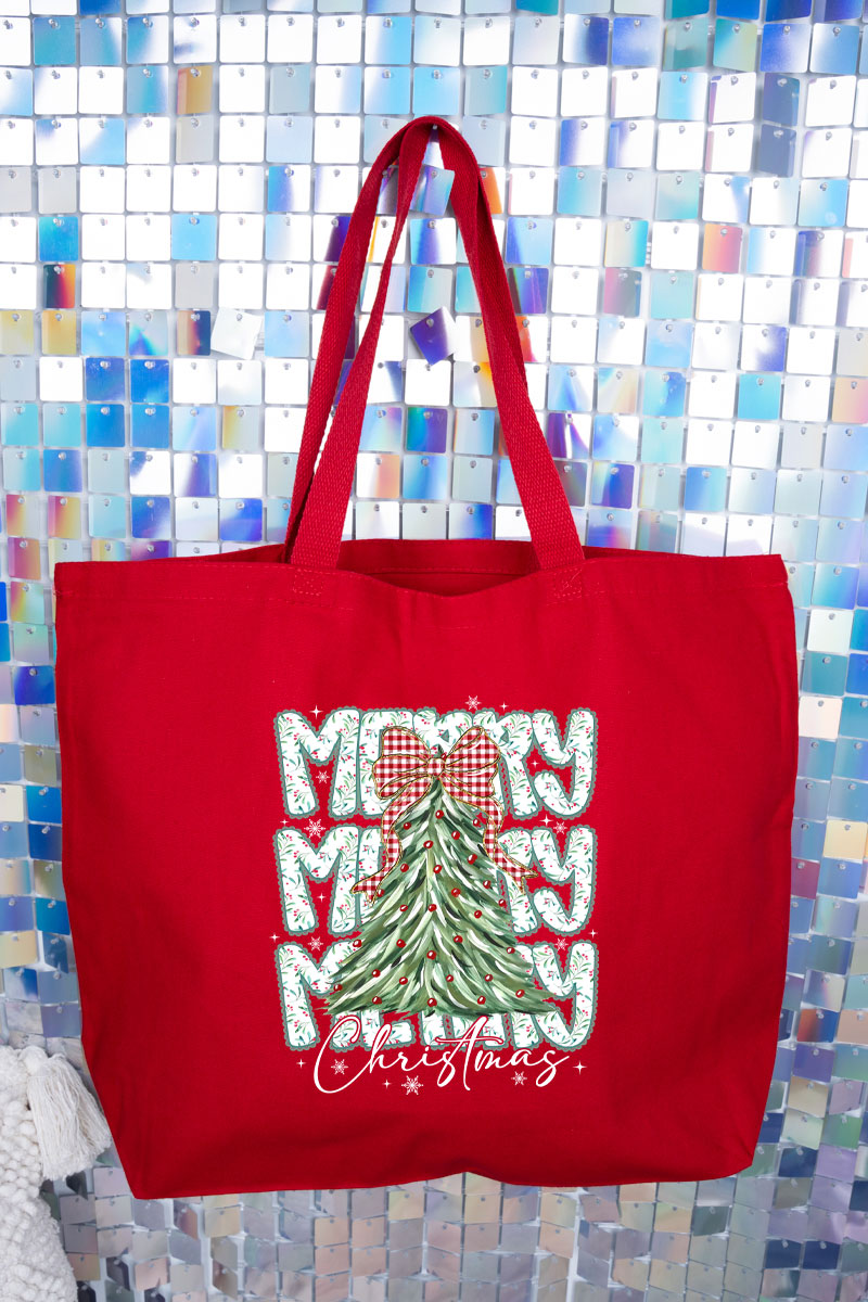 Stacked Holly Merry Christmas Tree Canvas Jumbo Tote